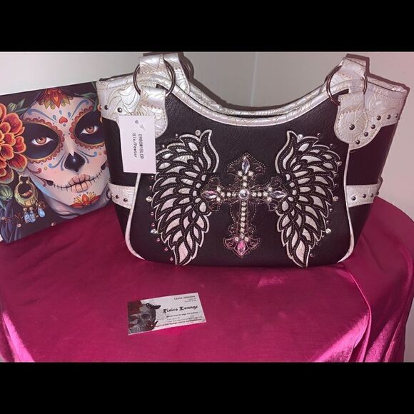 Rhinestone Cross Embroidered Carry Handbag In Pewter - Picture 1 of 4